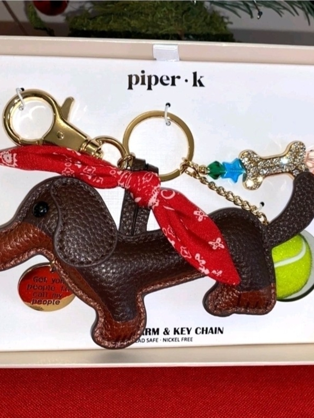 Piper Brown Dachshund Charm Keychain with Red Bandana and Green Ball